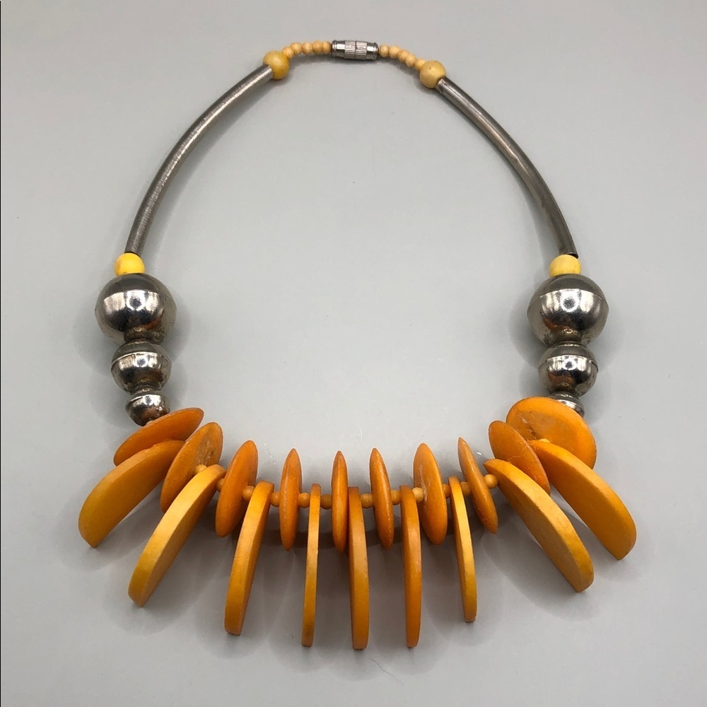 Vintage artisan tribal statement boho collar choker metal necklace nut beads.